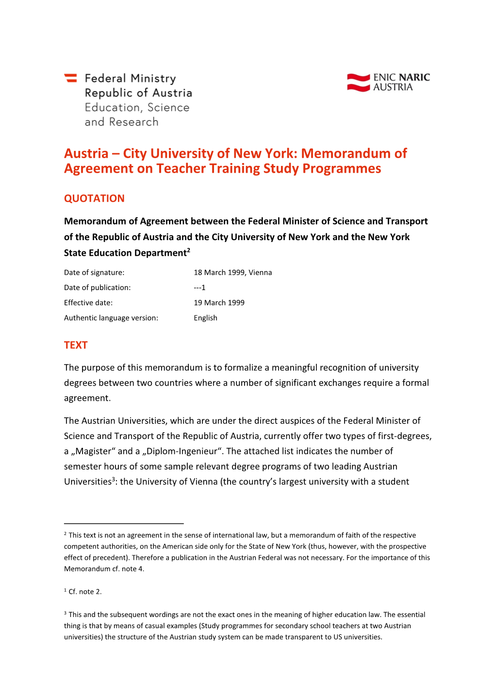 Austria – City University of New York: Memorandum of Agreement on Teacher Training Study Programmes