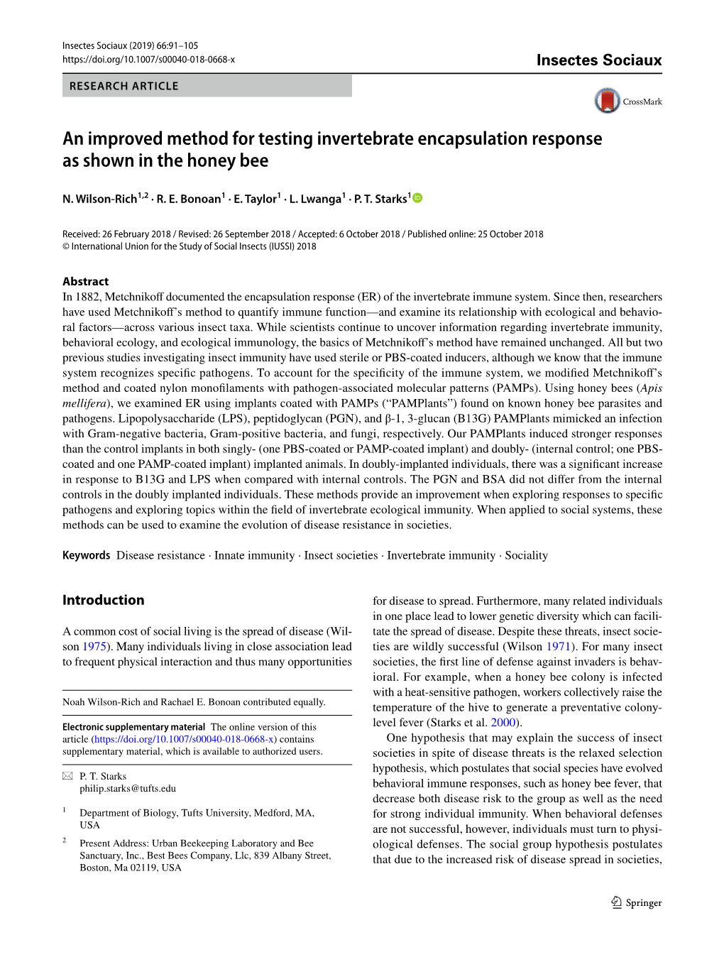 An Improved Method for Testing Invertebrate Encapsulation Response As Shown in the Honey Bee