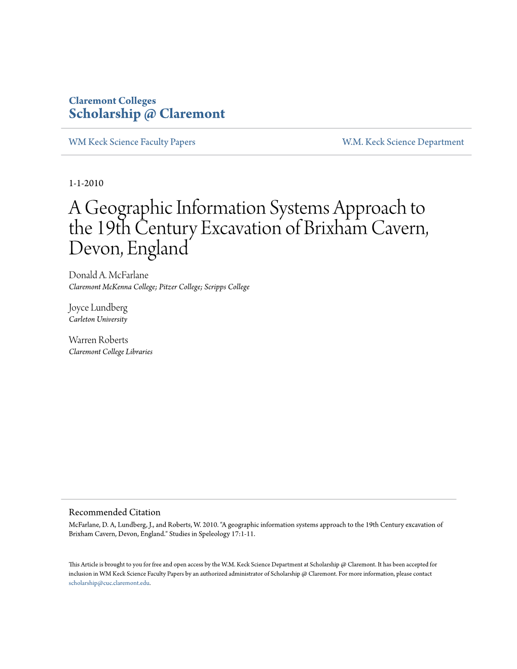 A Geographic Information Systems Approach to the 19Th Century Excavation of Brixham Cavern, Devon, England Donald A