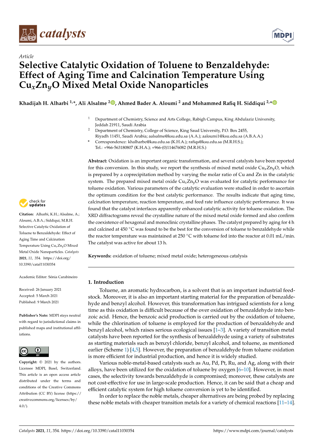 Selective Catalytic Oxidation of Toluene to Benzaldehyde: Effect of Aging Time and Calcination Temperature Using Cuxznyo Mixed Metal Oxide Nanoparticles