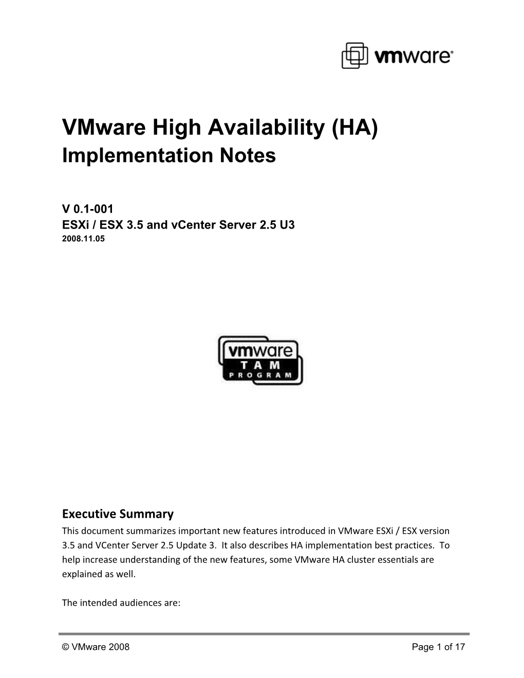 Vmware HA Implementation Notes