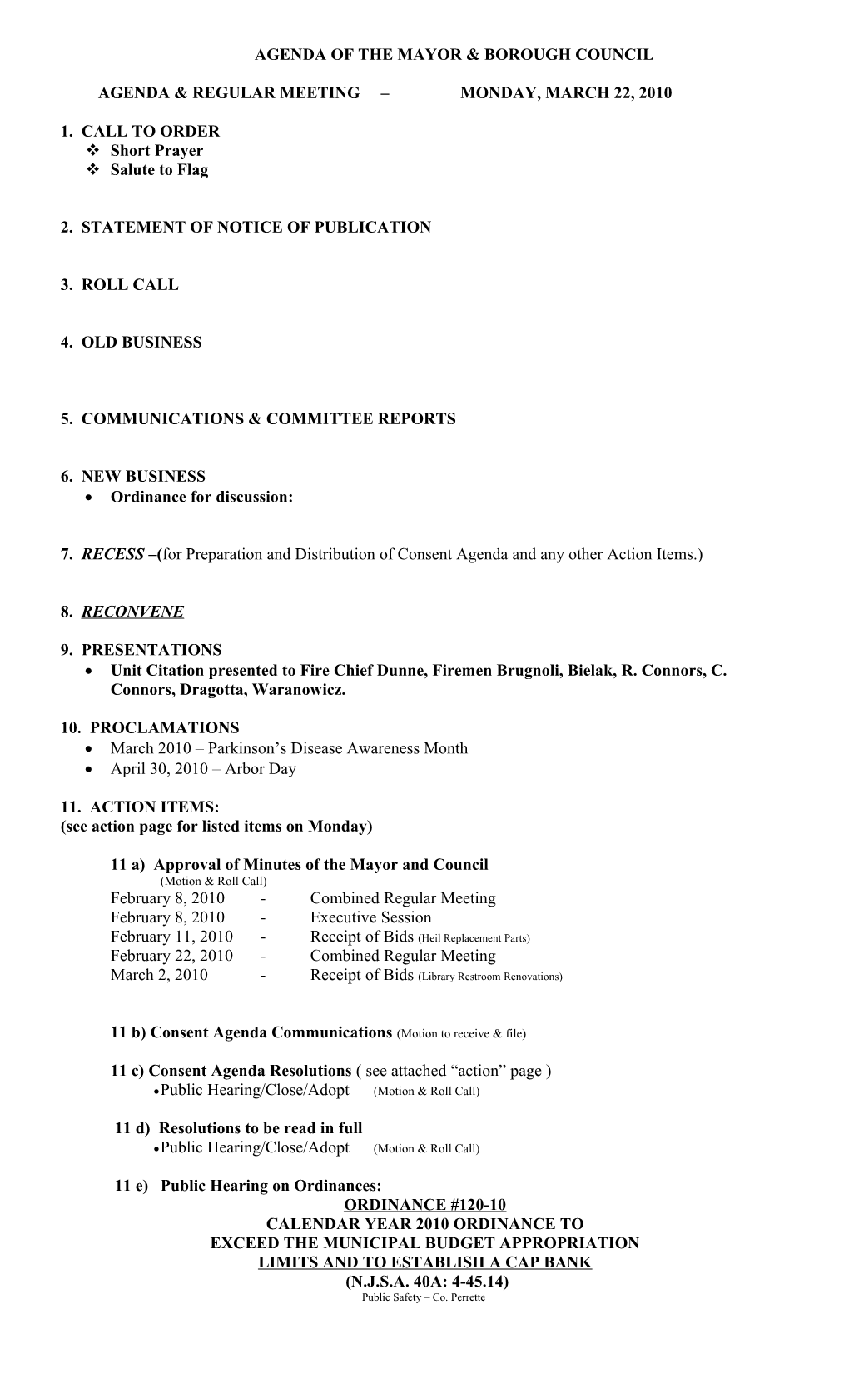 Agenda of the Mayor & Borough Council