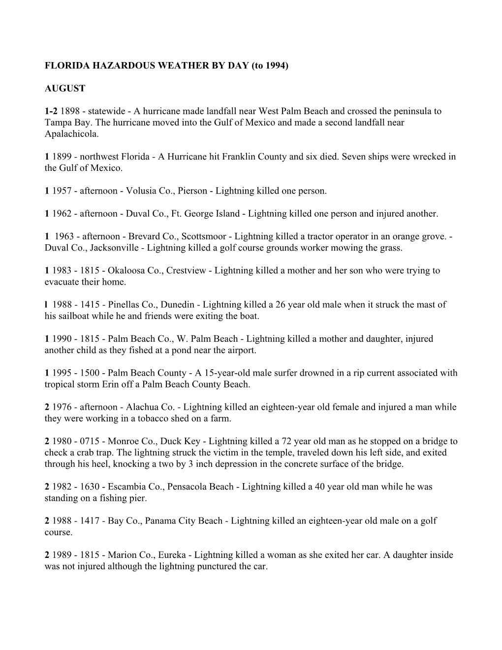 FLORIDA HAZARDOUS WEATHER by DAY (To 1994) AUGUST 1-2