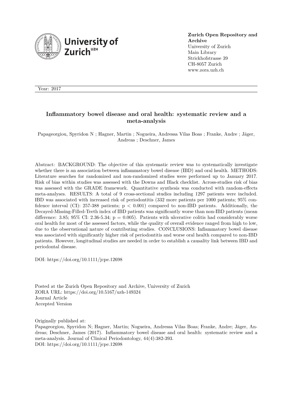 Title Page Inflammatory Bowel Disease and Oral Health: Systematic Review and a Meta-Analysis