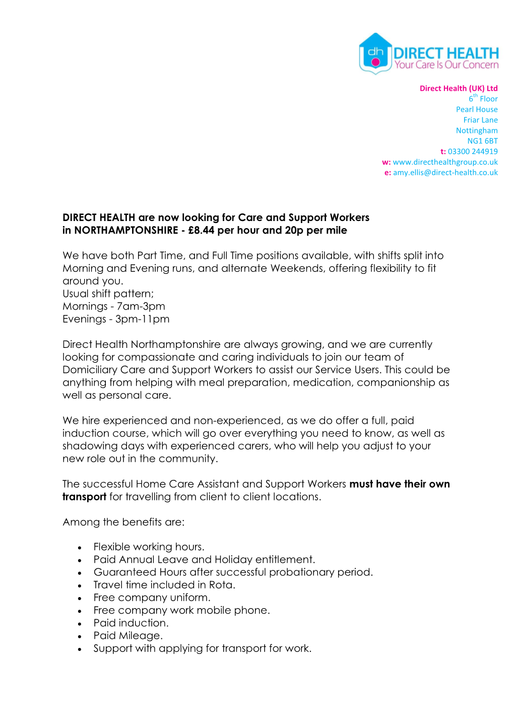 DIRECT HEALTH Are Now Looking for Care and Support Workers in NORTHAMPTONSHIRE - £8.44 Per Hour and 20P Per Mile