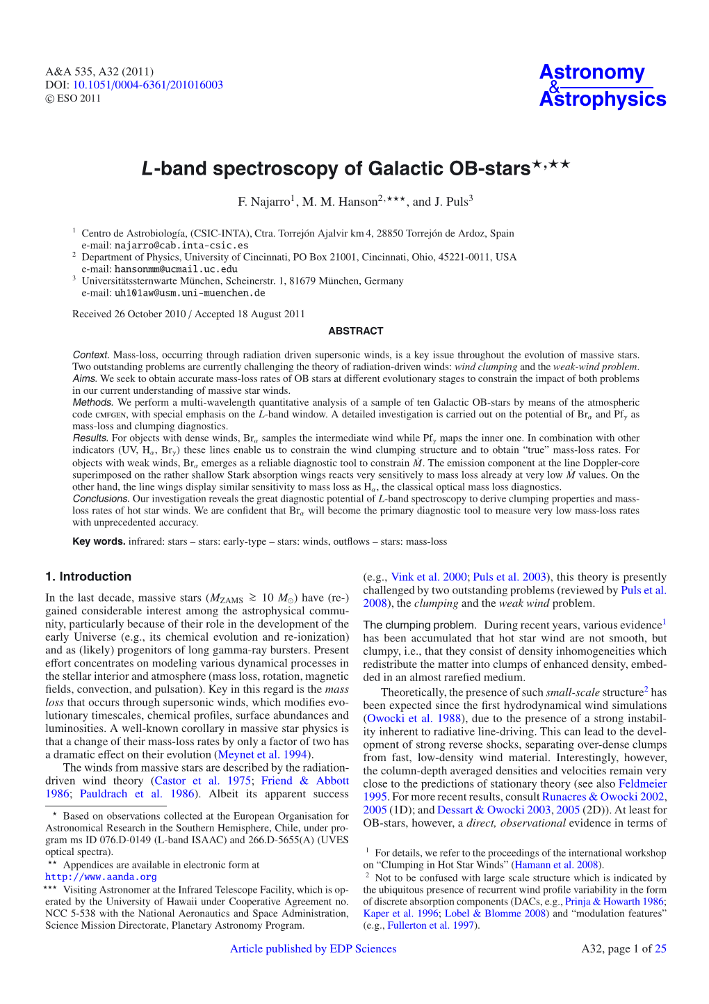 L-Band Spectroscopy of Galactic OB-Stars⋆⋆⋆