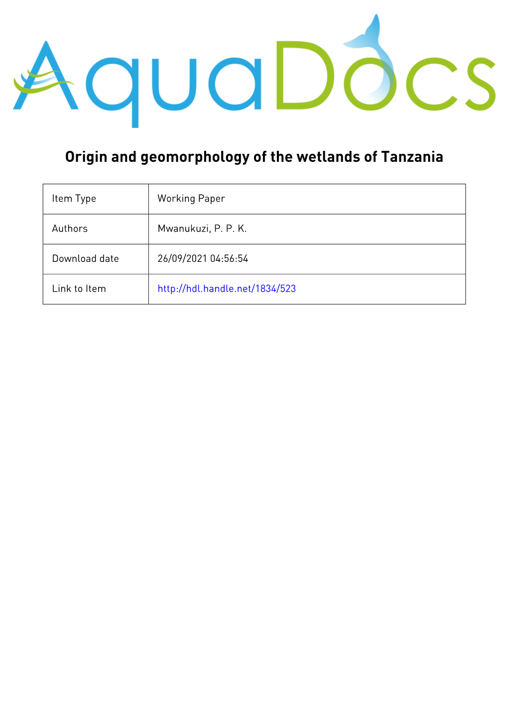 Origin and Geomorphology of the Wetlands of Tanzania