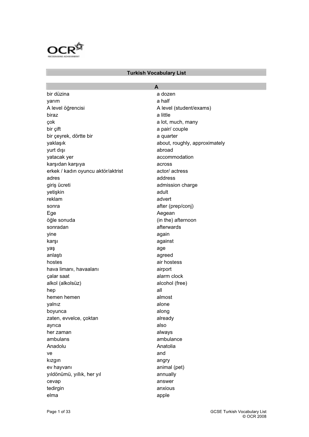 Turkish Vocabulary List a Bir Düzina a Dozen Yarım a Half a Level