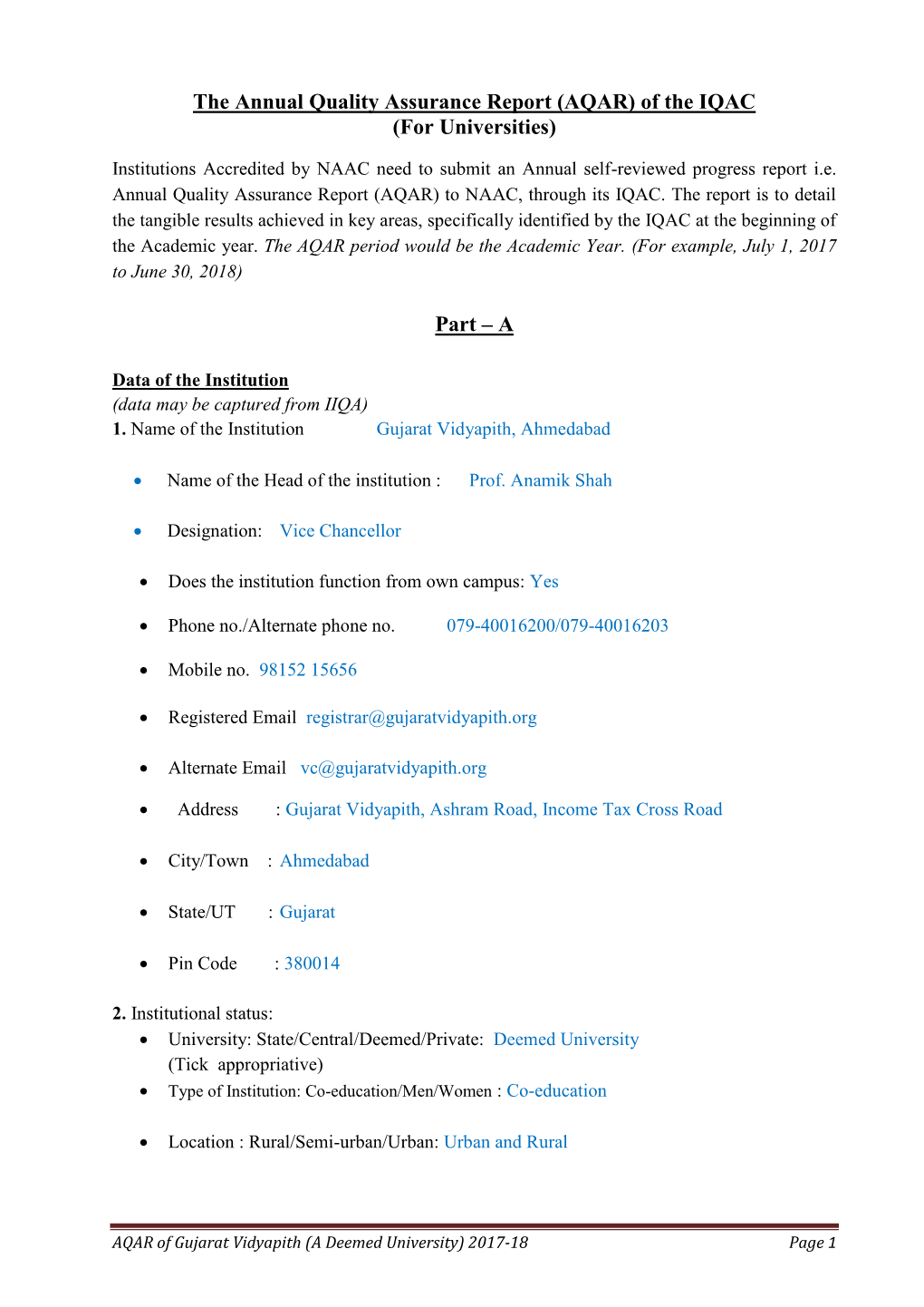 AQAR) of the IQAC (For Universities