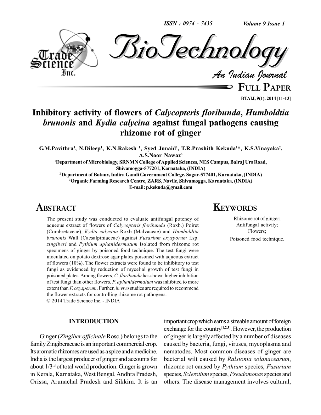 Inhibitory Activity of Flowers of Calycopteris Floribunda, Humboldtia Brunonis and Kydia Calycina Against Fungal Pathogens Causing Rhizome Rot of Ginger