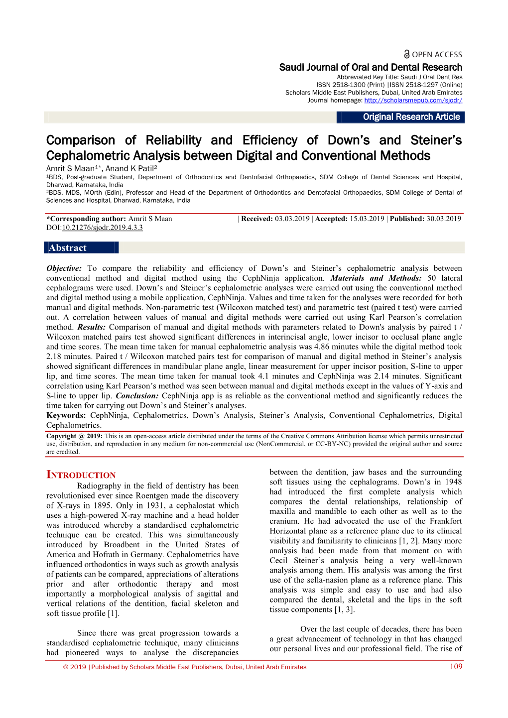 Comparison of Reliability and Efficiency of Down's and Steiner's Cephalometric Analysis Between Digital and Conventional