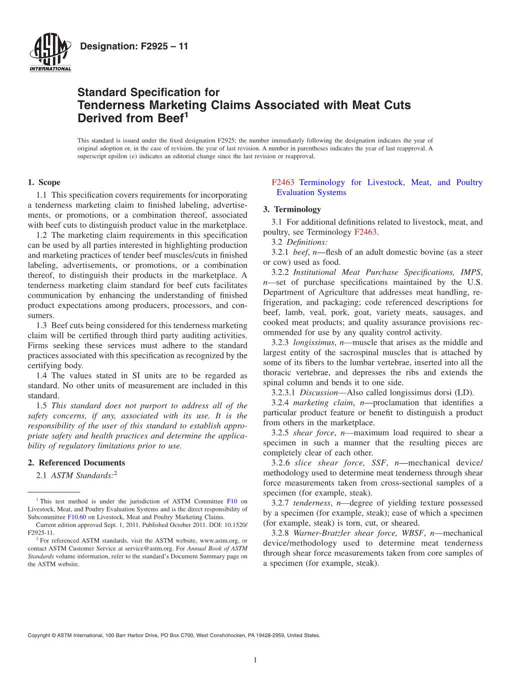 Tenderness Marketing Claims Associated with Meat Cuts Derived from Beef1