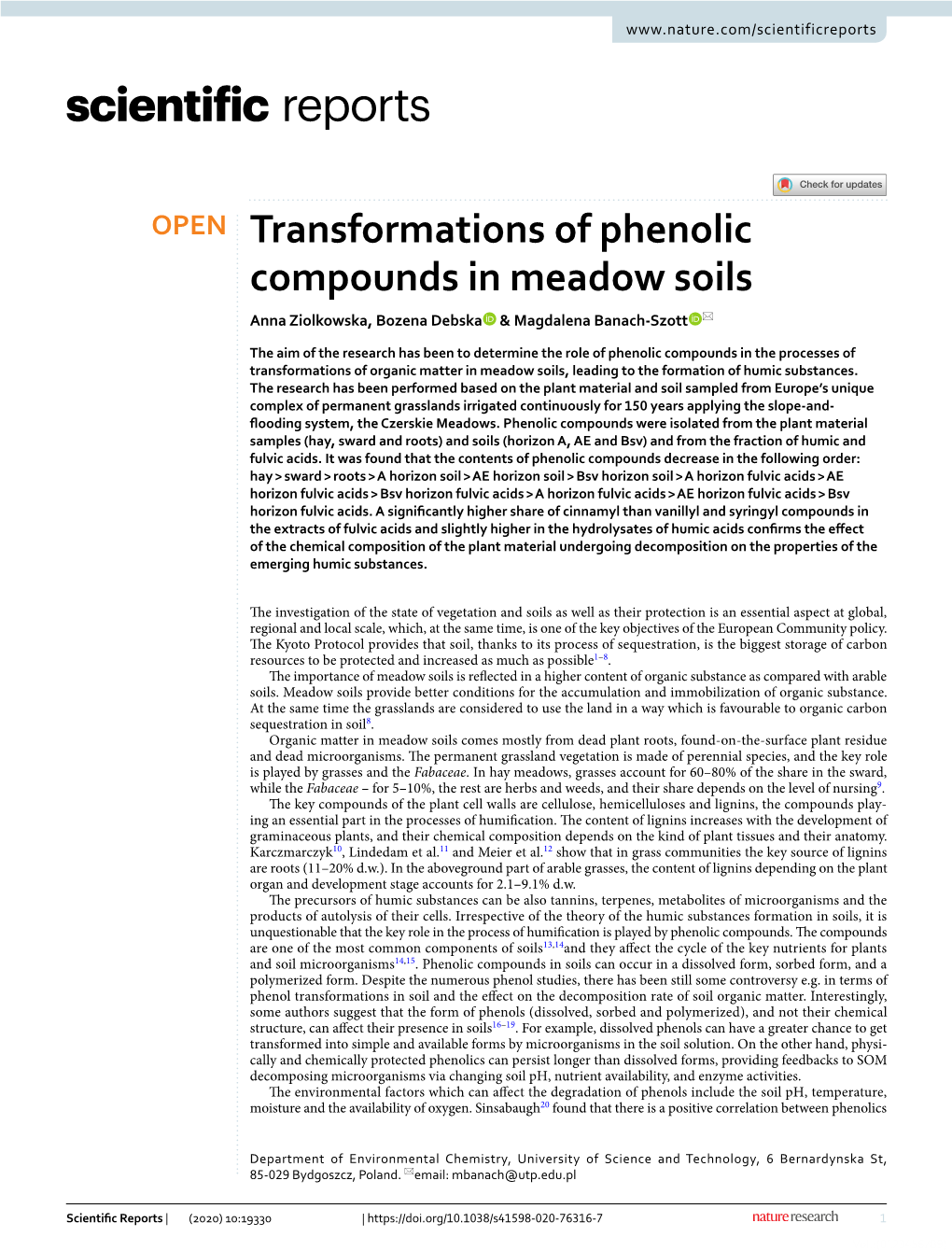 Transformations of Phenolic Compounds in Meadow Soils Anna Ziolkowska, Bozena Debska & Magdalena Banach‑Szott *