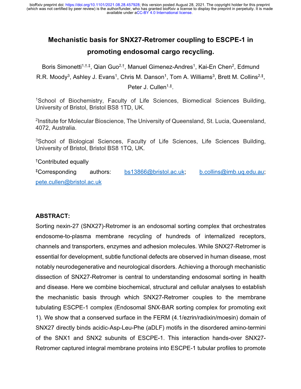 Mechanistic Basis for SNX27-Retromer Coupling to ESCPE-1 in Promoting Endosomal Cargo Recycling