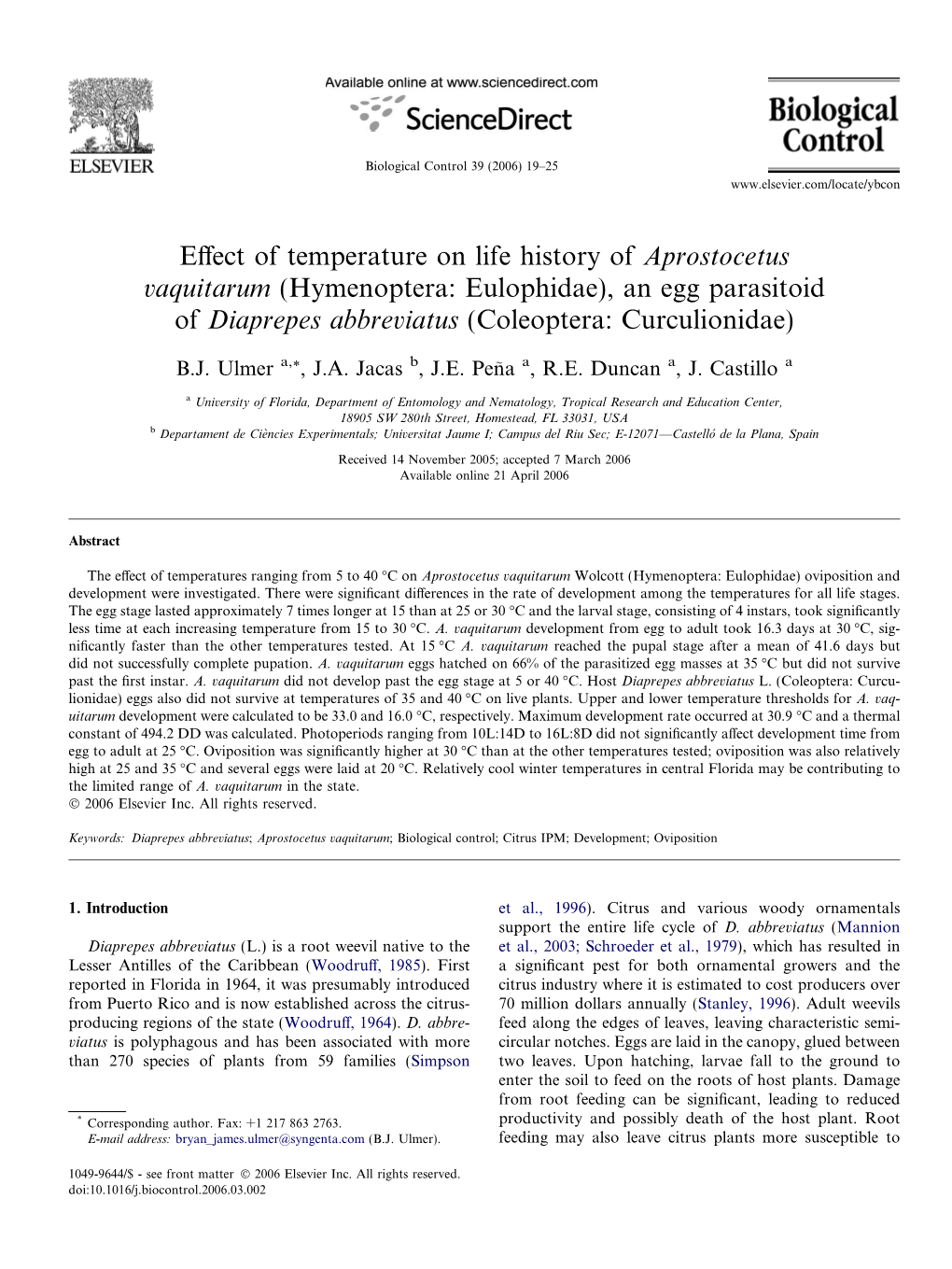 Effect of Temperature on Life History of Aprostocetus Vaquitarum