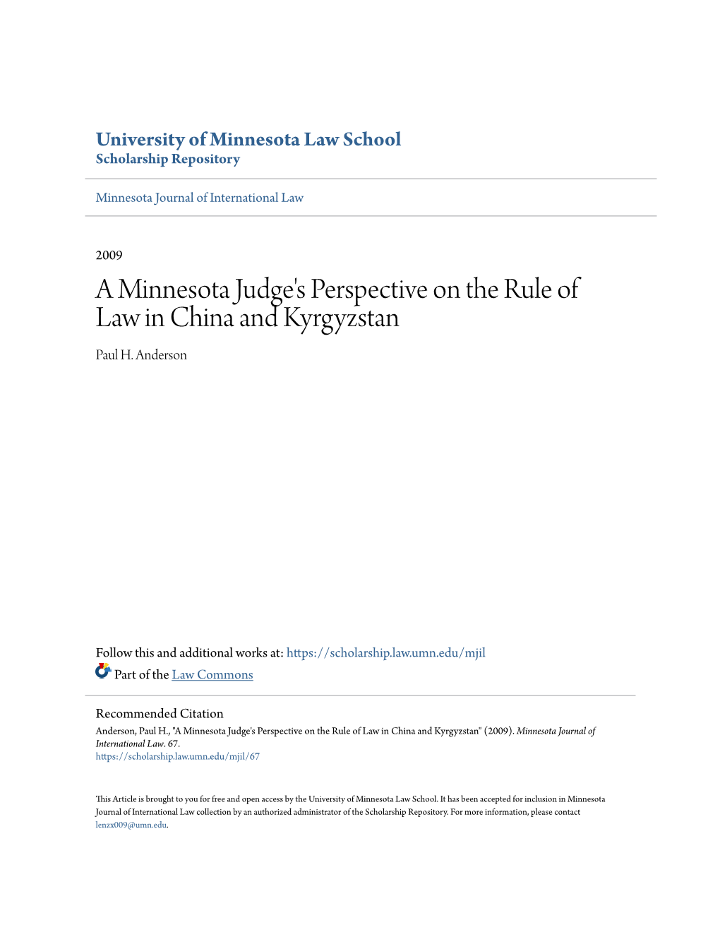 A Minnesota Judge's Perspective on the Rule of Law in China and Kyrgyzstan Paul H