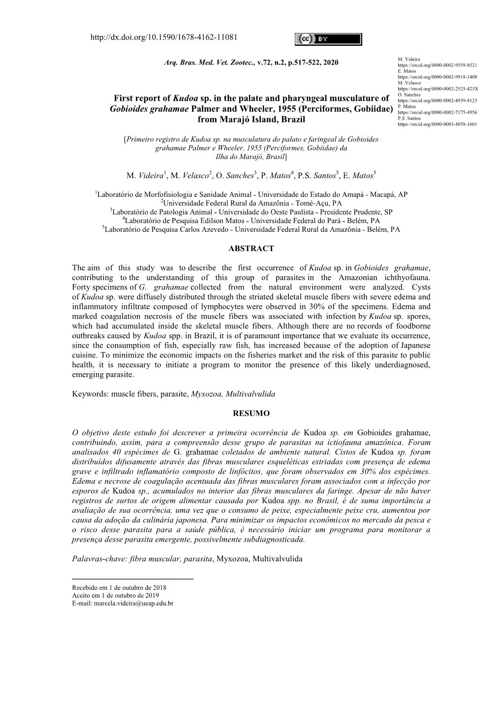 First Report of Kudoa Sp. in the Palate and Pharyngeal Musculature Of