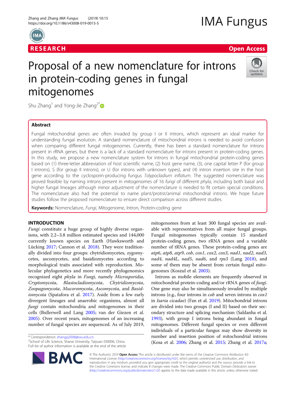 Proposal of a New Nomenclature for Introns in Protein-Coding Genes in Fungal Mitogenomes Shu Zhang1 and Yong-Jie Zhang2*