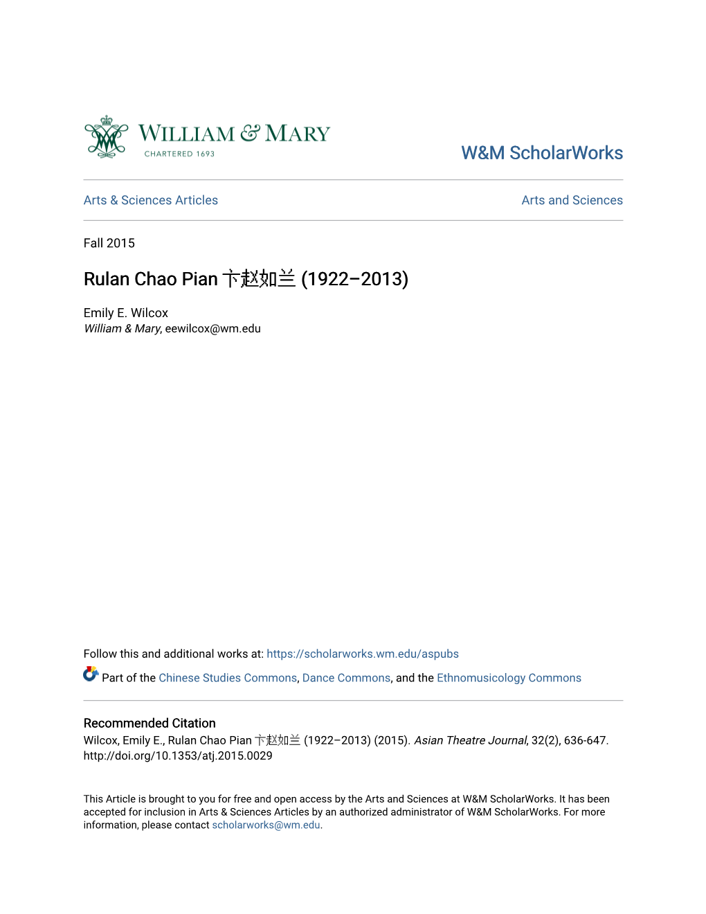 W&M Scholarworks Rulan Chao Pian 卞赵如兰 (1922–2013)