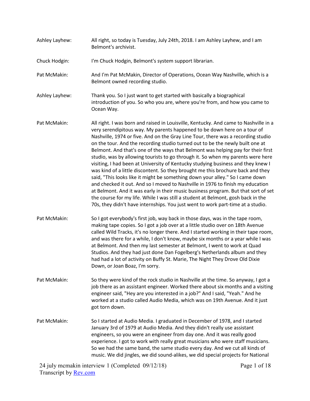 24 July Mcmakin Interview 1 (Completed 09/12/18) Page 1 of 18 Transcript by Rev.Com