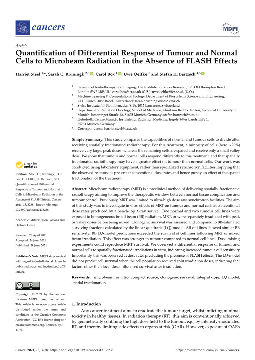 Quantification of Differential Response of Tumour and Normal Cells to Microbeam Radiation in the Absence of FLASH Effects