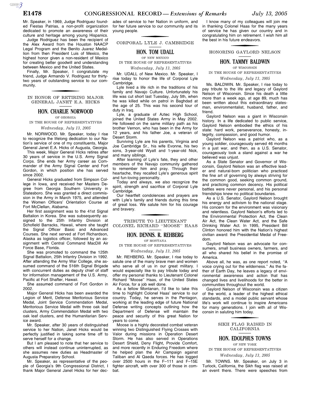 CONGRESSIONAL RECORD — Extensions of Remarks July 13, 2005 Mr