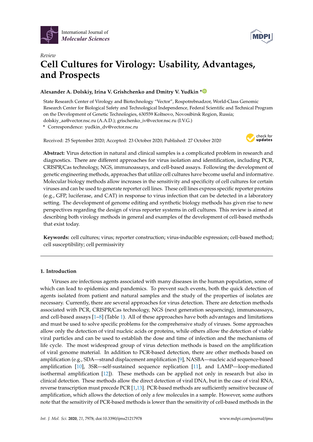 Cell Cultures for Virology: Usability, Advantages, and Prospects