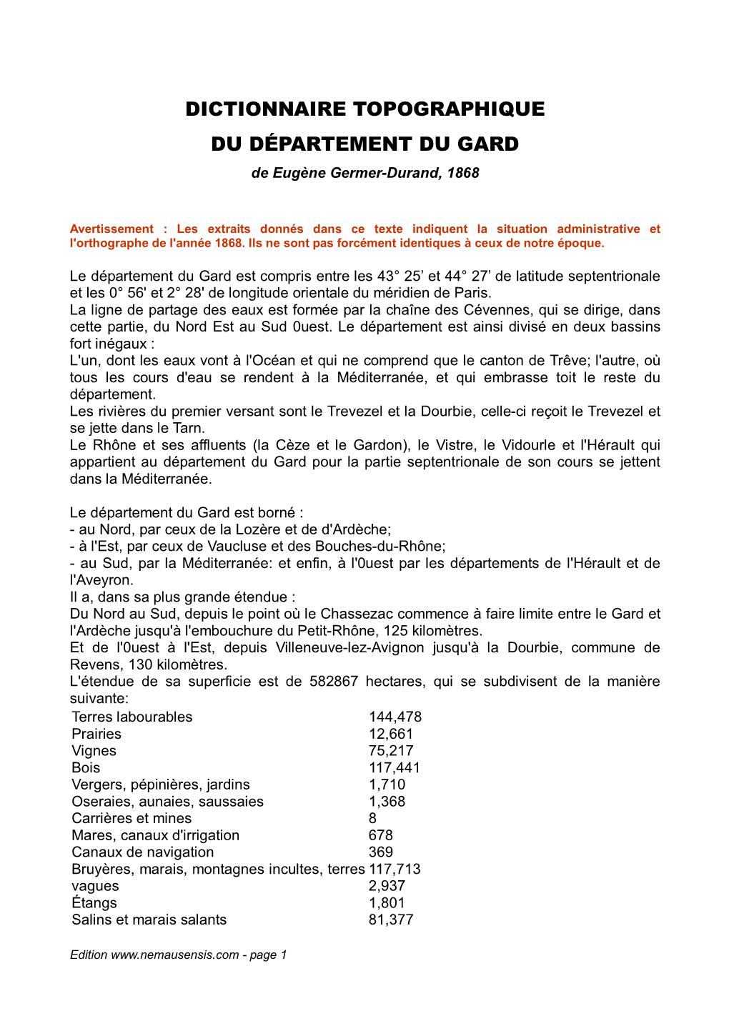 Dictionnaire Topographique Du Département Du Gard