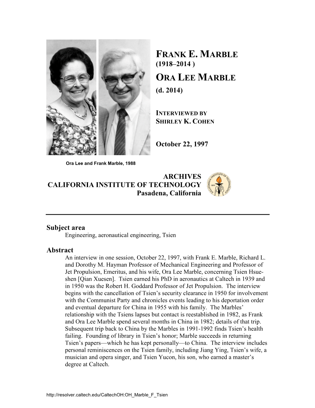 Interview with Frank E. Marble and Oral Lee Marble