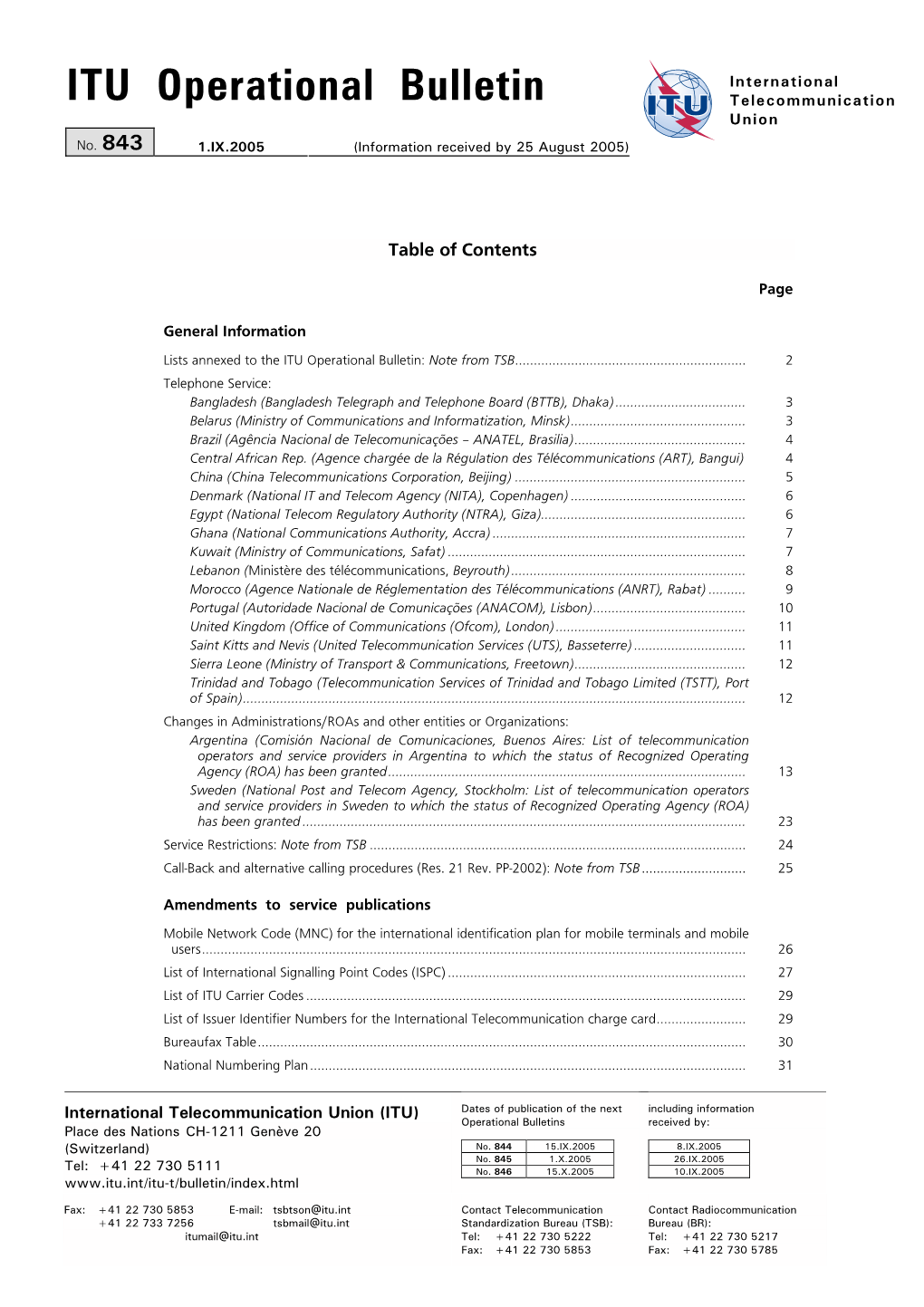 ITU Operational Bulletin Telecommunication Union