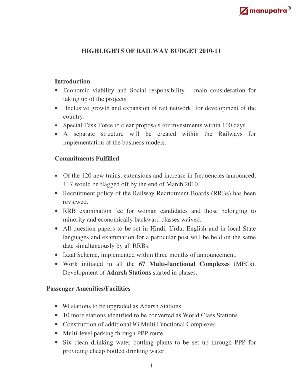 Highlights of Railway Budget 2010-11