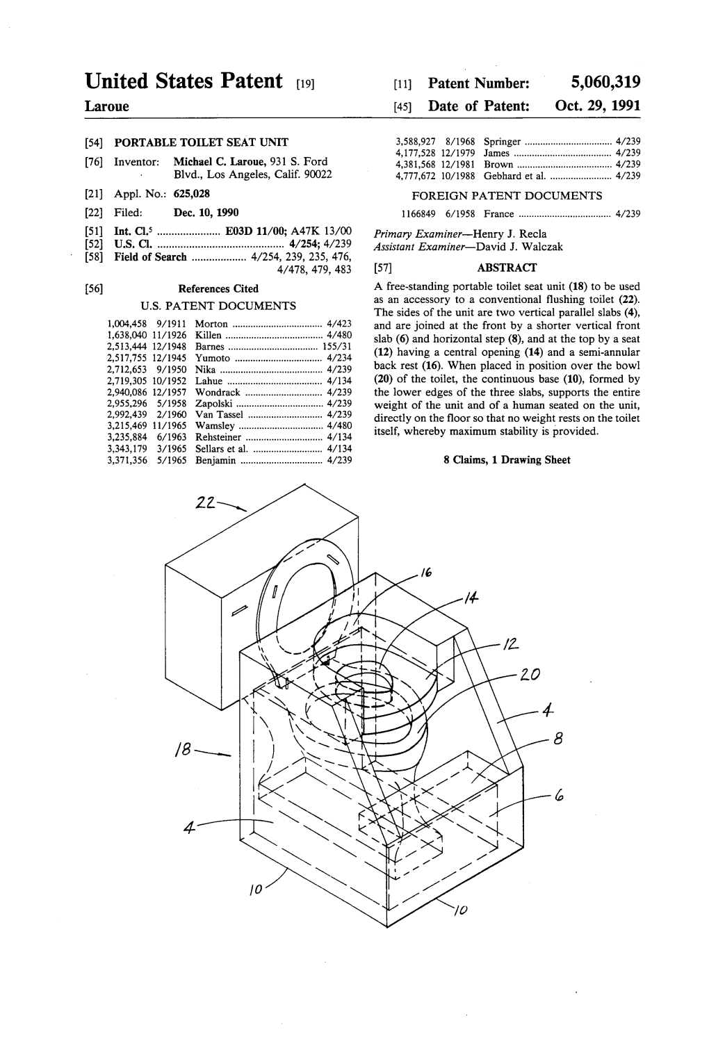 United States Patent (19) 11) Patent Number: 5,060,319 Laroue (45) Date of Patent: Oct