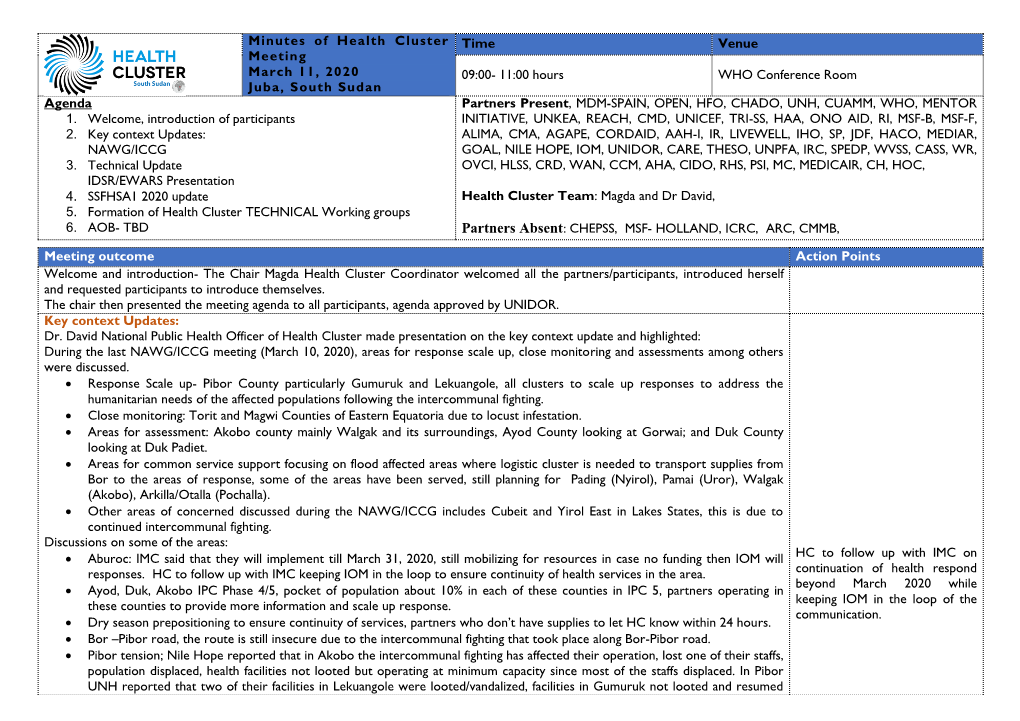 Minutes of Health Cluster Meeting March 11, 2020 Juba, South Sudan