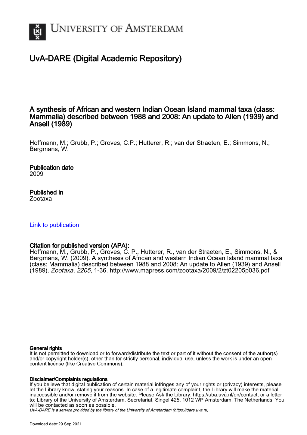 Zootaxa, a Synthesis of African and Western Indian Ocean