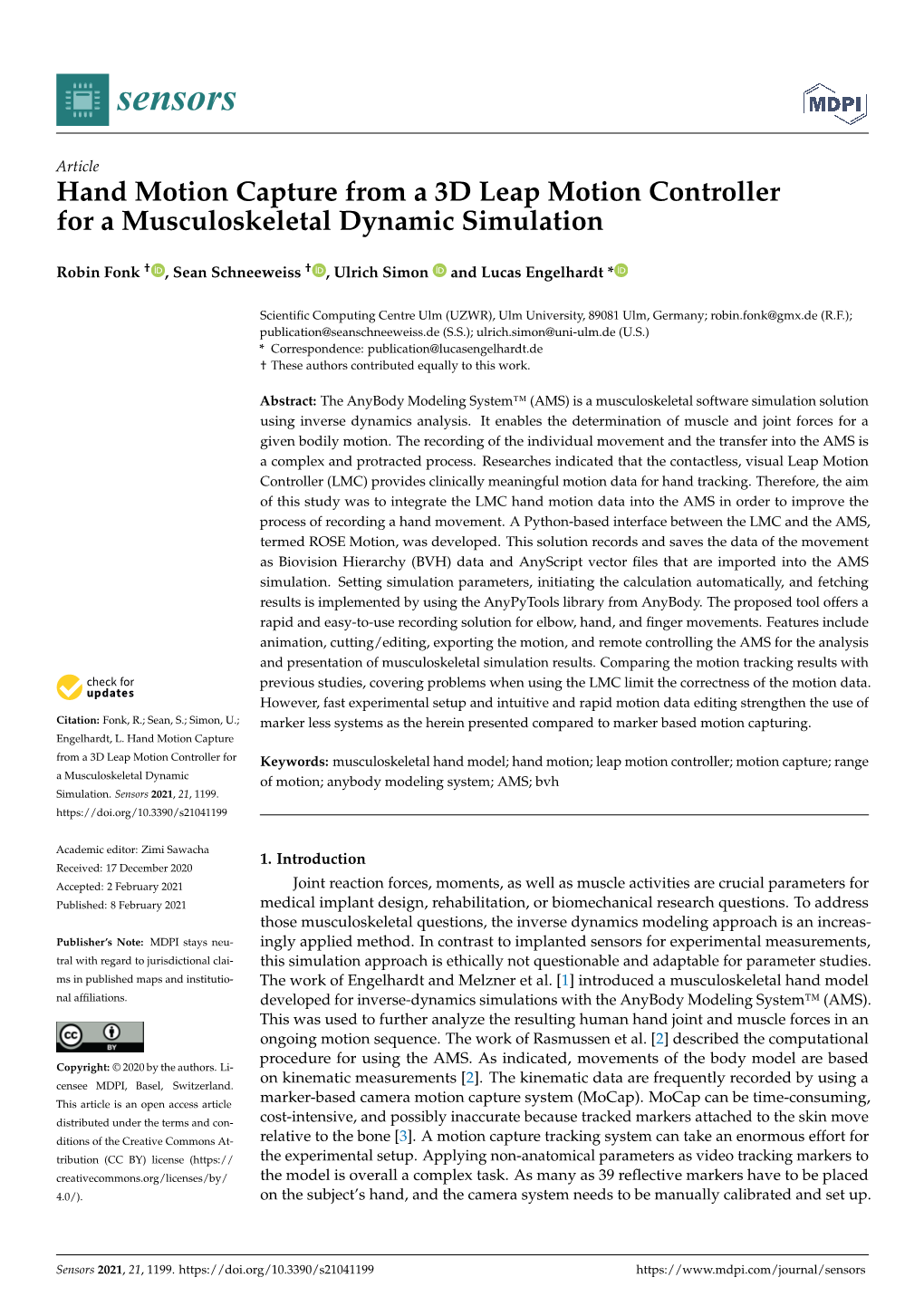 Hand Motion Capture from a 3D Leap Motion Controller for a Musculoskeletal Dynamic Simulation