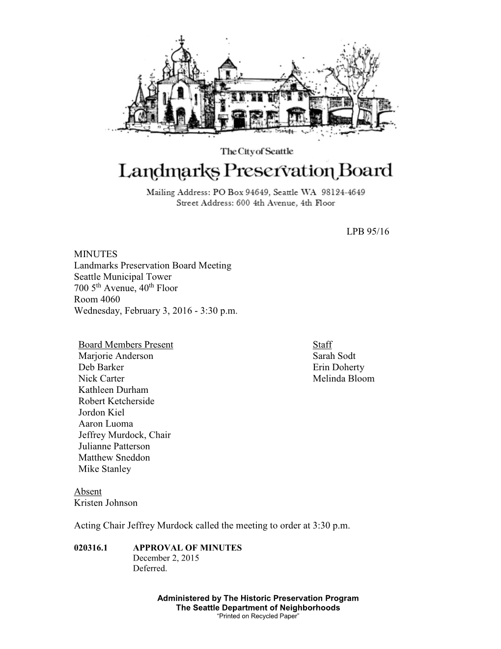 LPB 95/16 MINUTES Landmarks Preservation Board Meeting Seattle