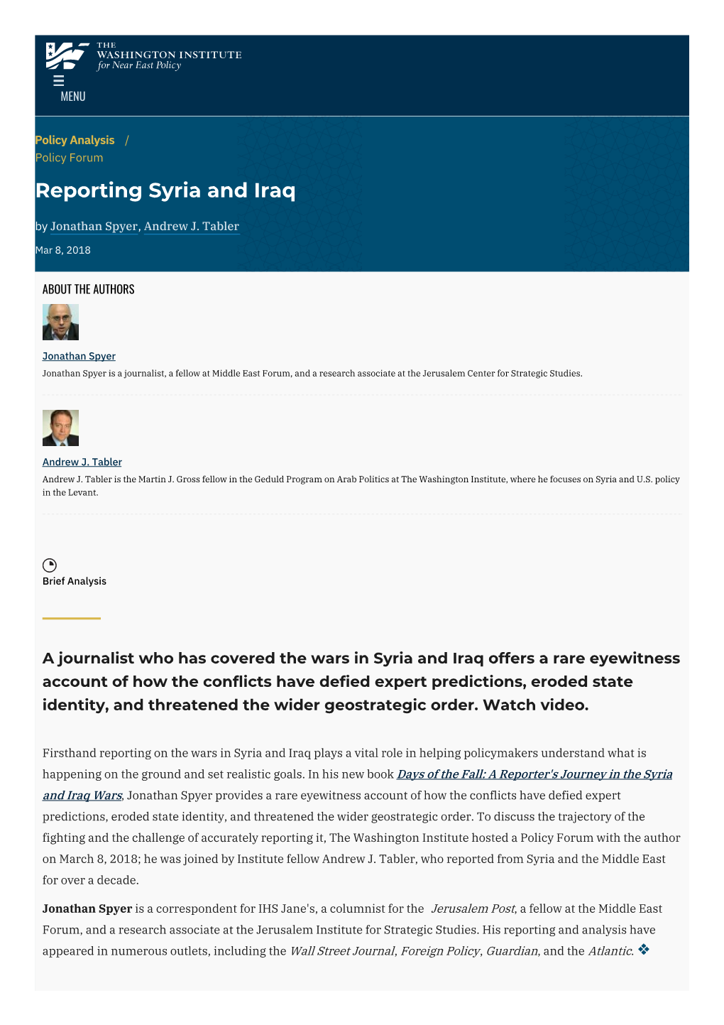 Reporting Syria and Iraq | the Washington Institute