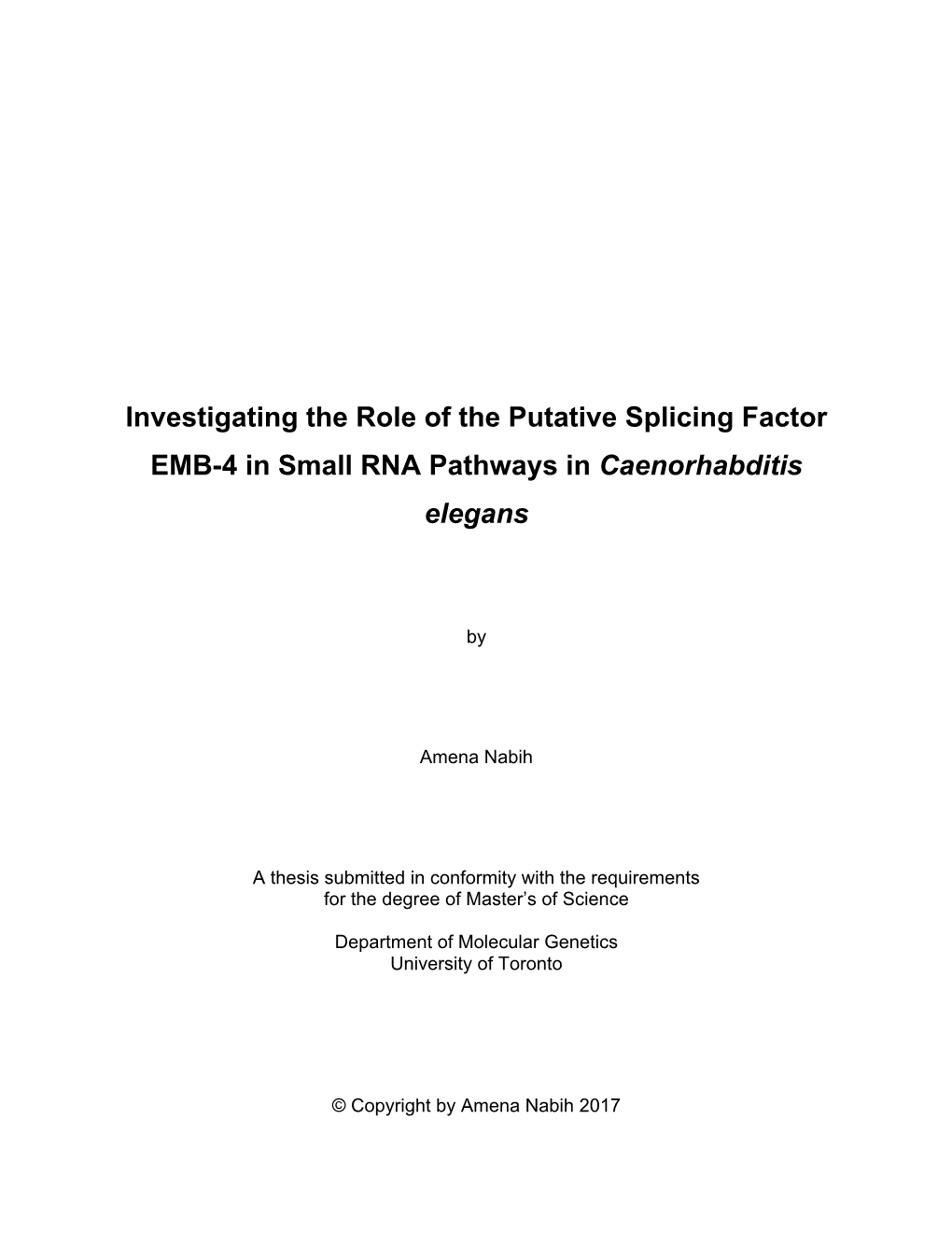 Investigating the Role of the Putative Splicing Factor EMB-4 in Small RNA Pathways in Caenorhabditis Elegans