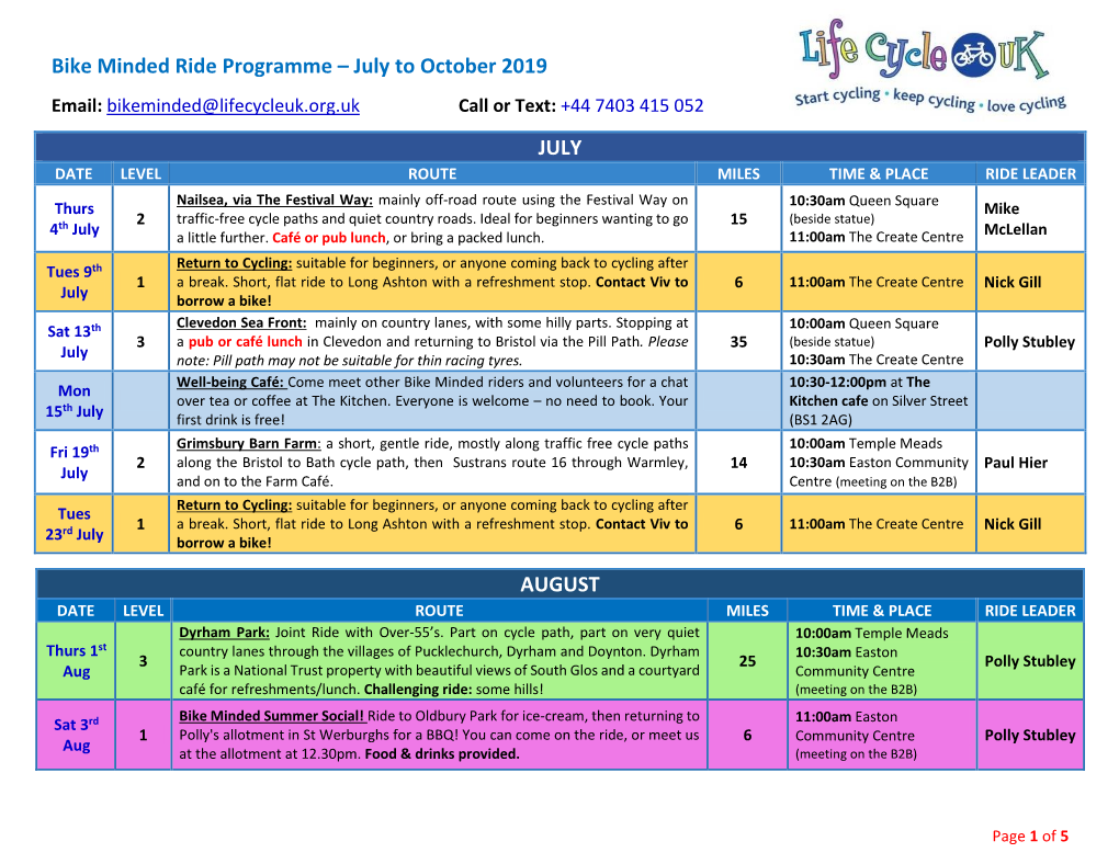 Bike Minded Ride Programme – July to October 2019
