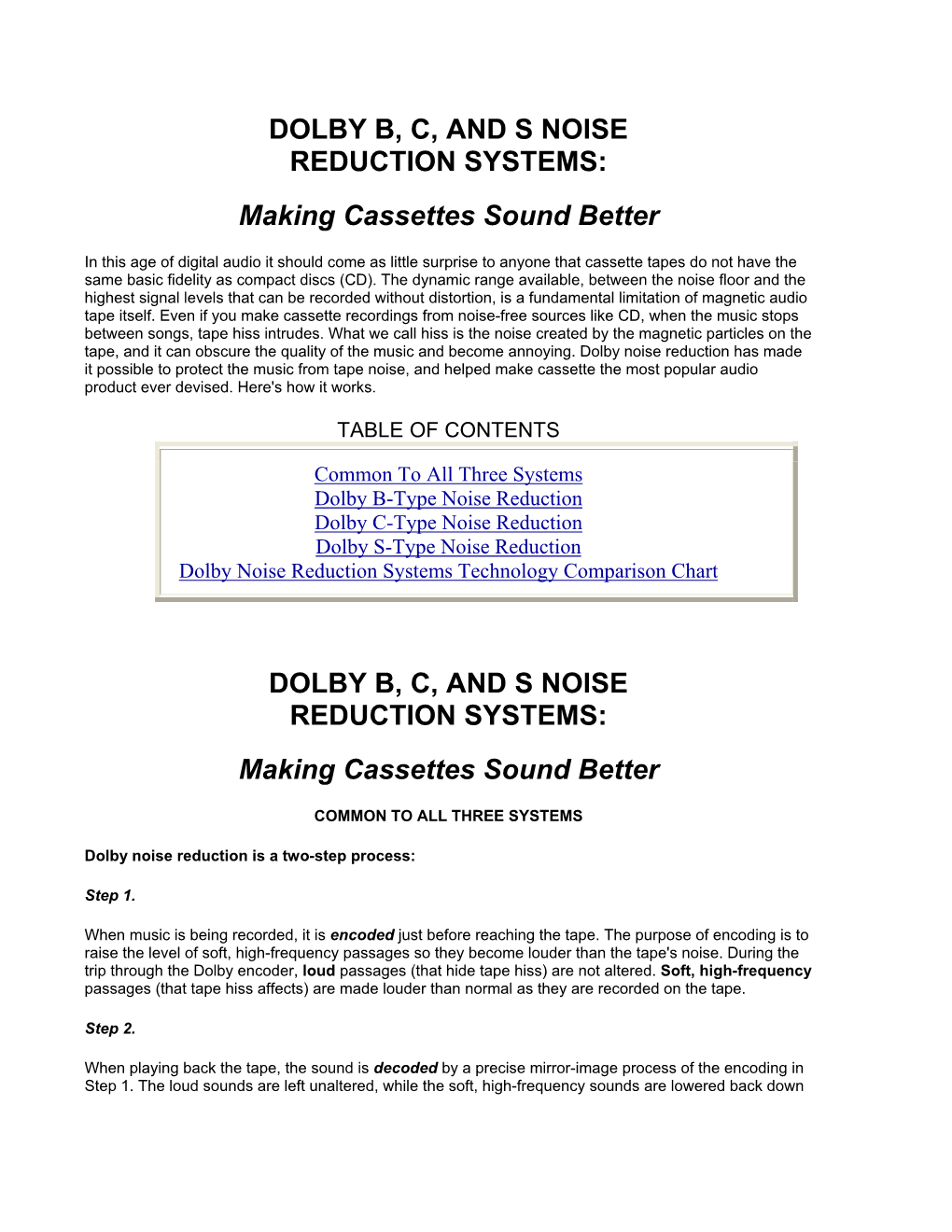 DOLBY B, C, and S NOISE REDUCTION SYSTEMS: Making Cassettes Sound Better