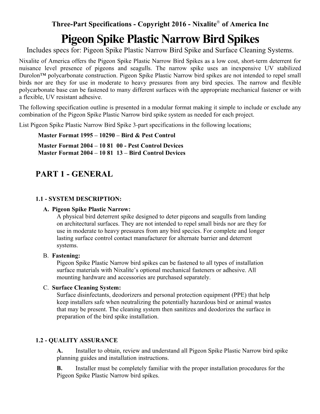 Nixalite Specifications (All Models) s1