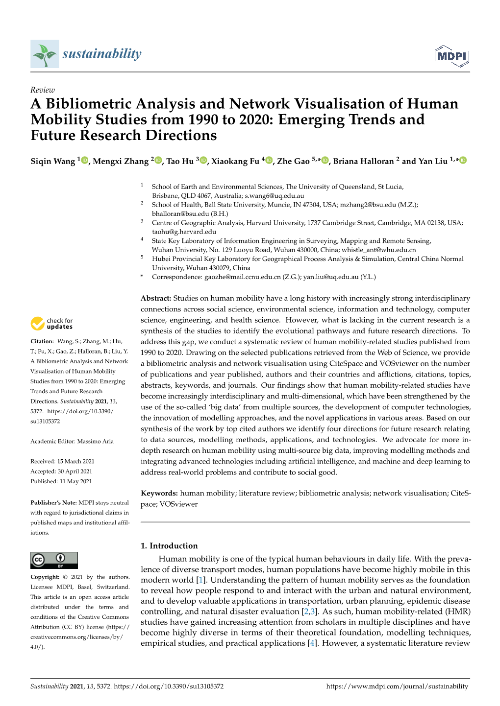 A Bibliometric Analysis and Network Visualisation of Human Mobility Studies from 1990 to 2020: Emerging Trends and Future Research Directions