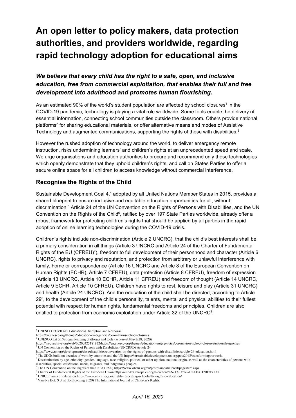 An Open Letter to Policy Makers, Data Protection Authorities, and Providers Worldwide, Regarding Rapid Technology Adoption for Educational Aims