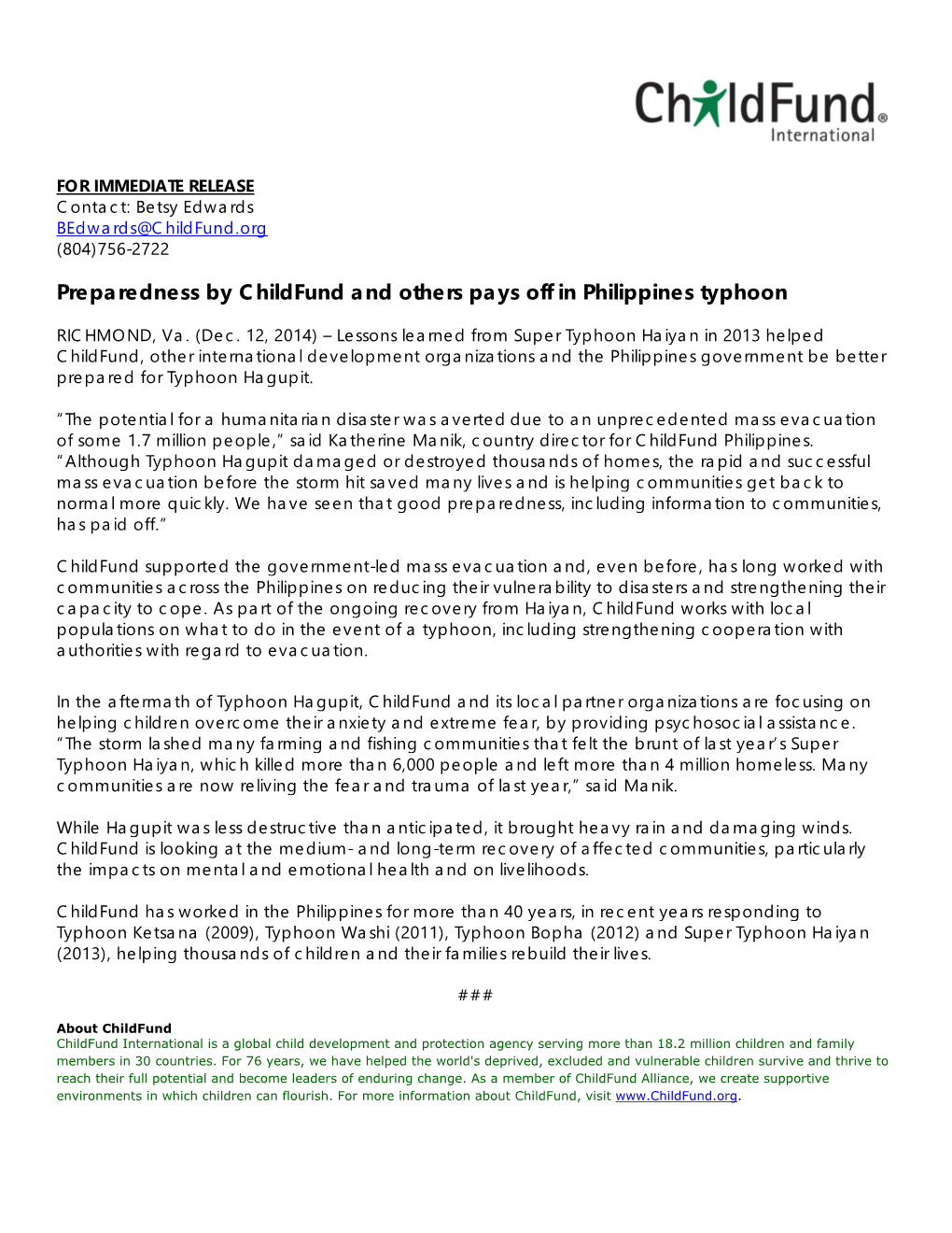 Preparedness by Childfund and Others Pays Off in Philippines Typhoon