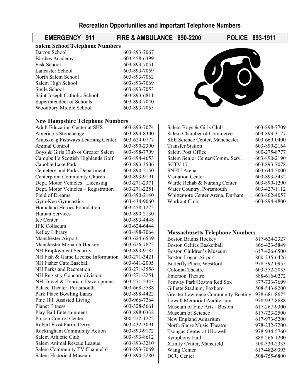 Recreation Opportunities and Important Telephone Numbers