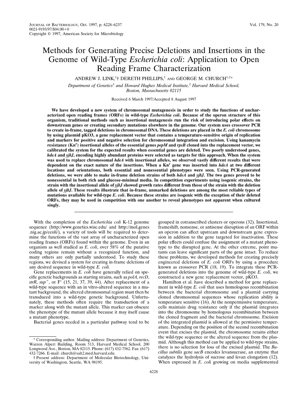 Methods for Generating Precise Deletions and Insertions in the Genome of Wild-Type Escherichia Coli: Application to Open Reading Frame Characterization