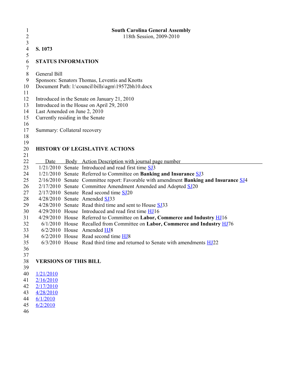 2009-2010 Bill 1073: Collateral Recovery - South Carolina Legislature Online