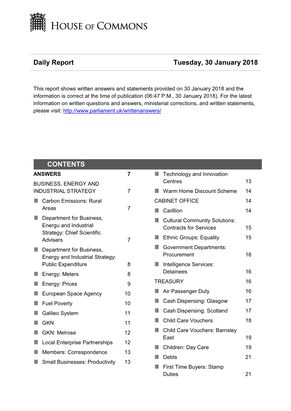 Daily Report Tuesday, 30 January 2018 CONTENTS