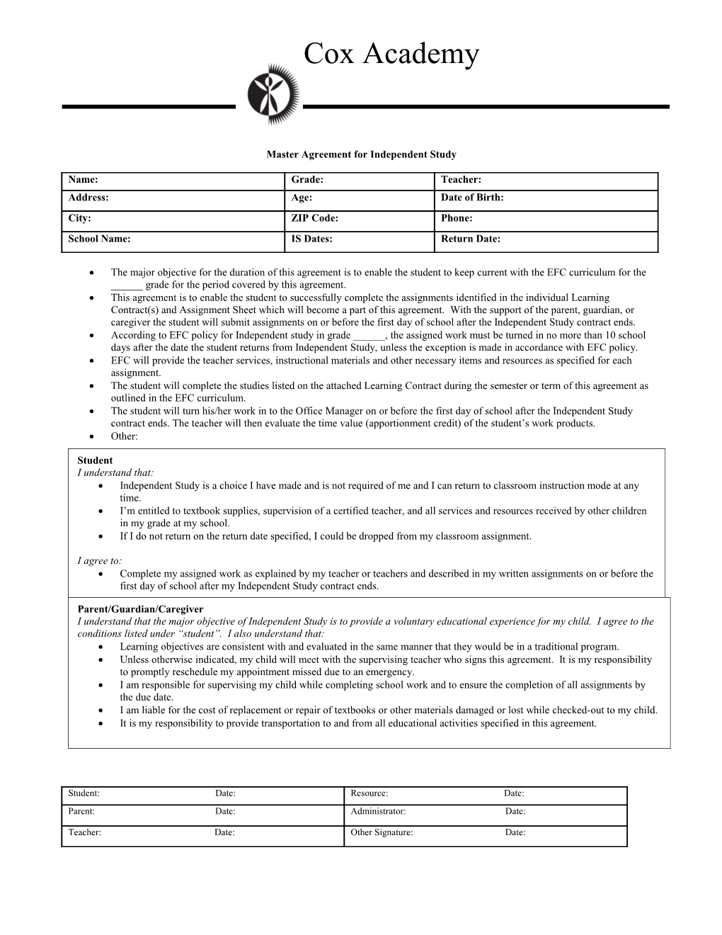 Master Agreement for Independent Study