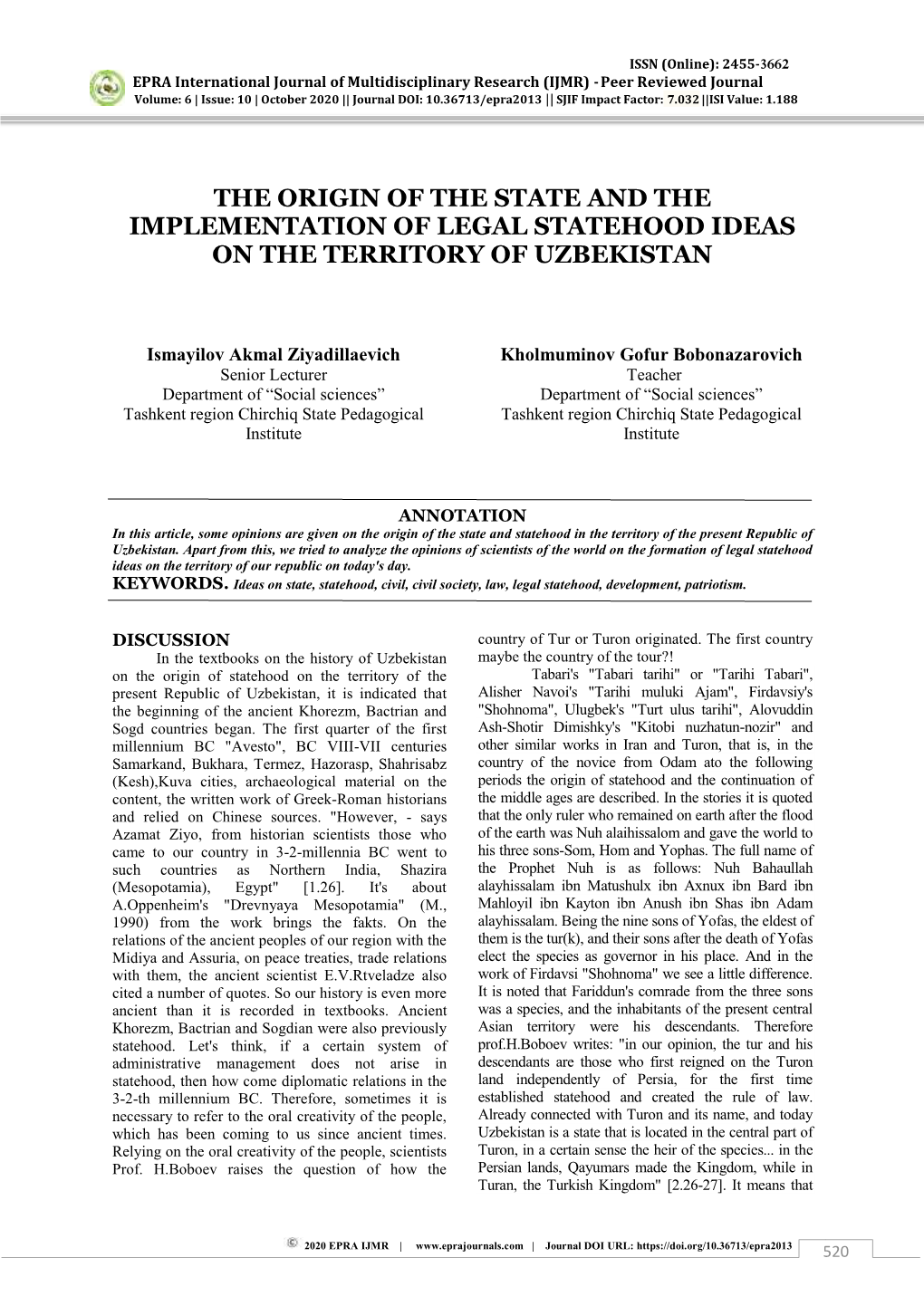 The Origin of the State and the Implementation of Legal Statehood Ideas on the Territory of Uzbekistan